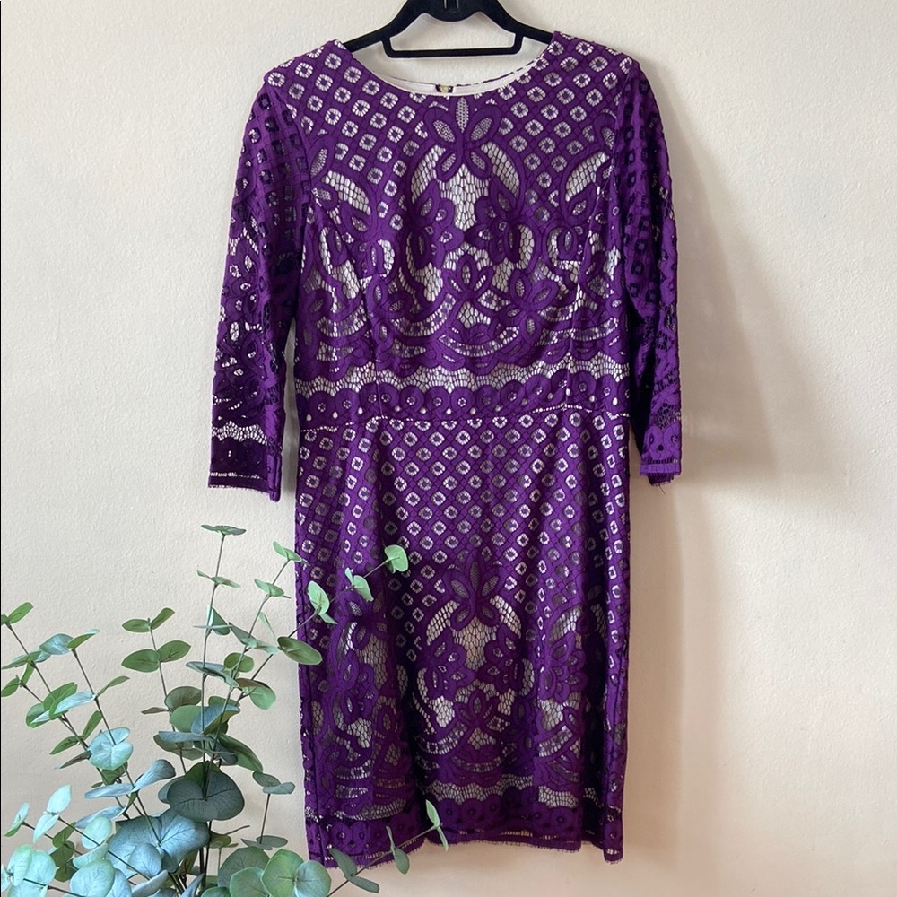 New Gabby Skye Purple Lace Sheath Cocktail Dress 3/4 Sleeve Size 12 Cocktail - Picture 2 of 7